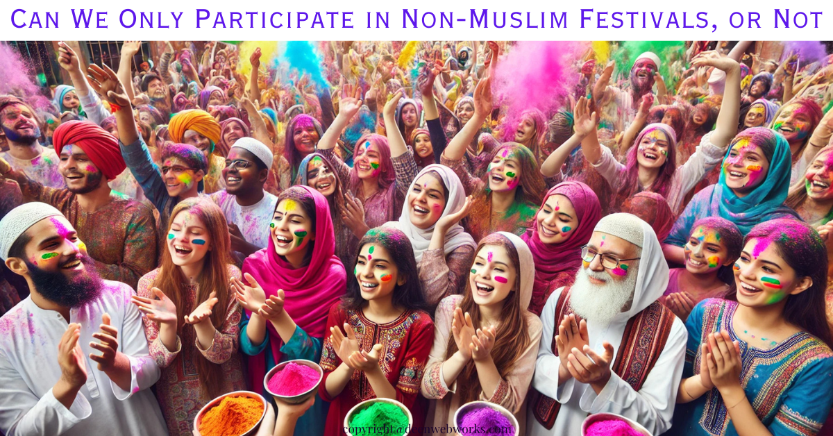 A diverse group of Muslims, Hindus, Sikhs, and Christians celebrating Holi together, with vibrant colors in the air and joyful expressions on their faces. The image highlights cultural harmony and unity among different communities.