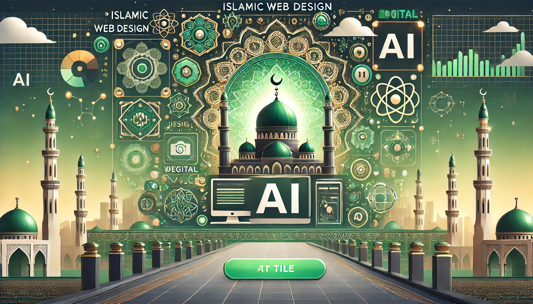 A professional banner illustrating the integration of AI in Islamic web design, featuring mosque silhouettes and digital elements.