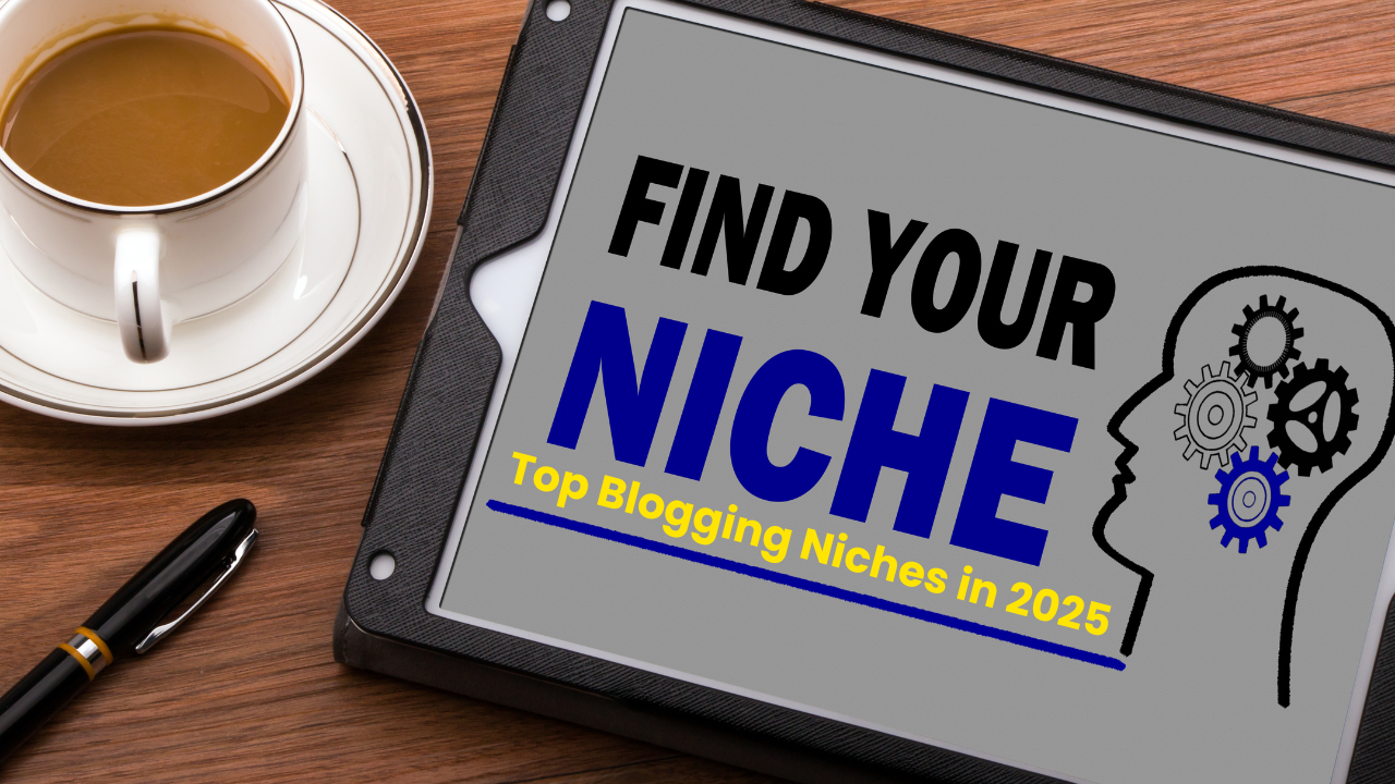 Infographic showing niche ideas for How to Start a Profitable Blog in 2025 like AI, health, freelancing, and Islamic content