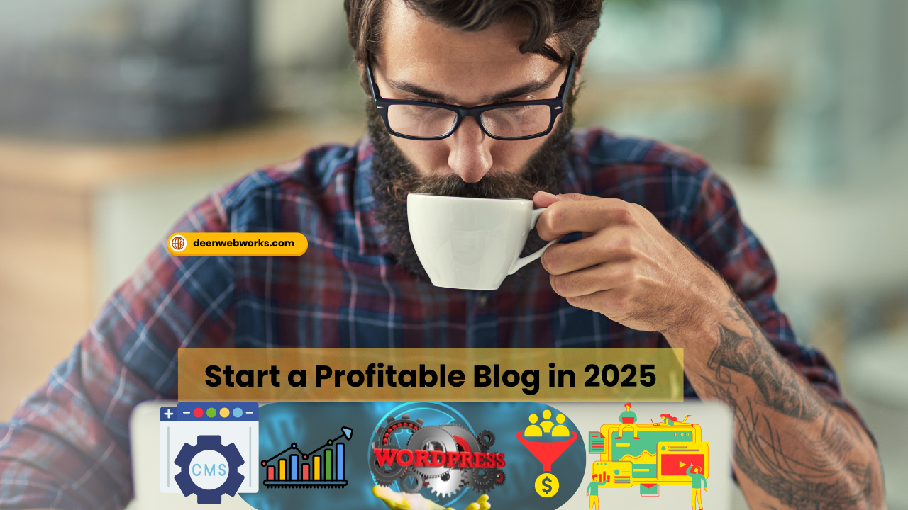 Laptop on desk showing blog dashboard with notepad and coffee mug – blogging workspace for beginners in 2025