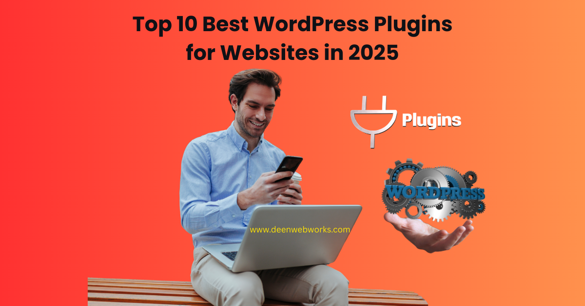 Top 10 Best WordPress Plugins for Websites in 2025 with a person using a laptop and mobile