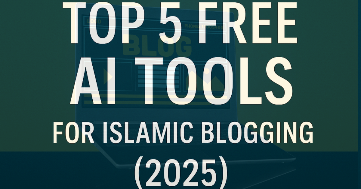 A creative graphic showing top free AI tools for Islamic blogging in 2025, designed with a soft blue background, featuring icons of AI platforms like ChatGPT, Canva, Rytr, Grammarly, and Simplified.
