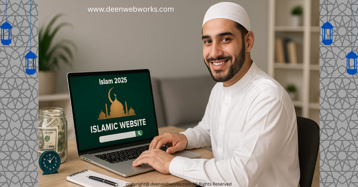 A Muslim man earning online through an Islamic website, working on a laptop at his desk in a modern workspace