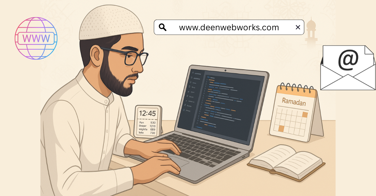 A young Muslim man maintaining an Islamic Website on a laptop, with code on the screen, a Ramadan calendar, prayer time clock, and a Quran book, set against a subtle Islamic art background.