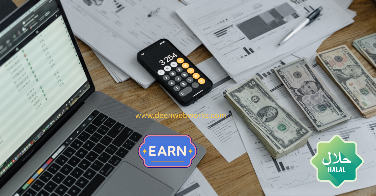 A workspace setup for halal online earning with a laptop, cash, calculator, and documents, promoting financial growth for Muslims in 2025.