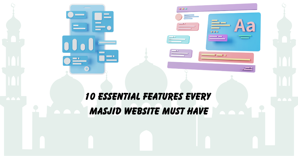 Main banner showing essential masjid website features with Islamic design icons.