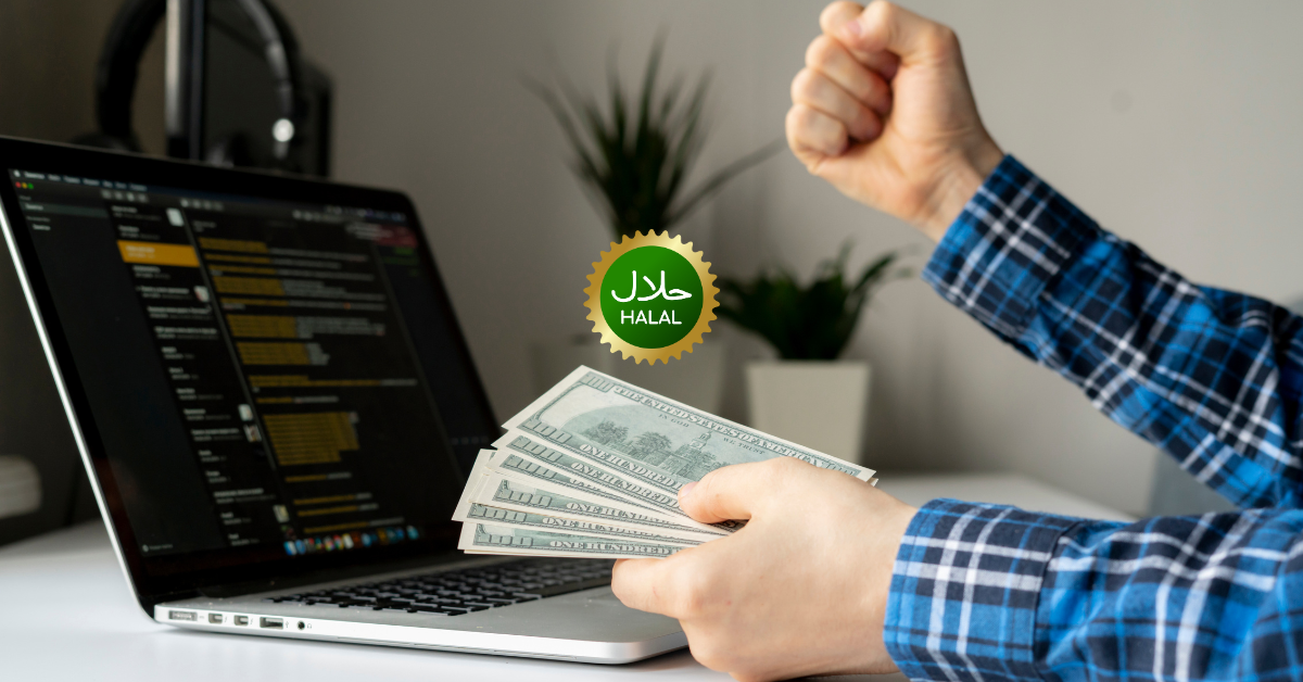 Muslim man working on laptop at home with Quran beside him, representing Halal Online Earning in 2025