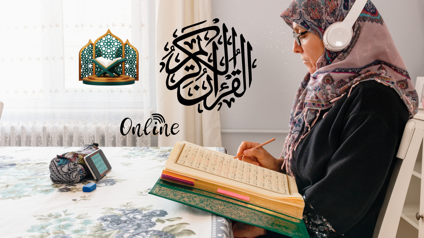 Muslim student learning Quran online with AI-based platform on laptop