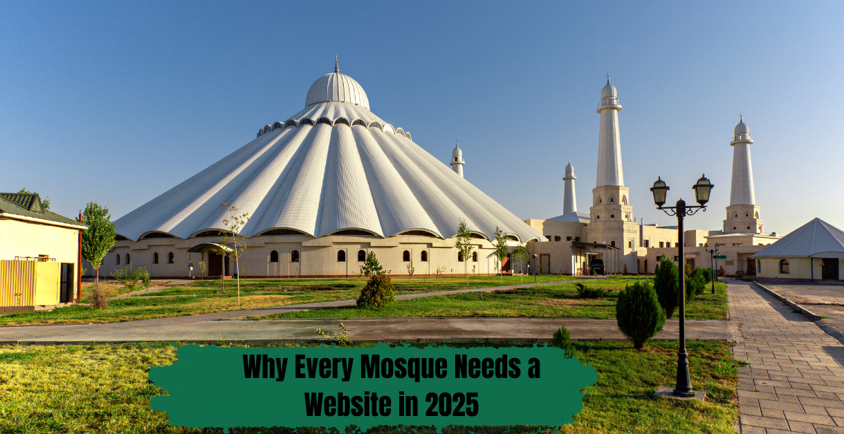 Website Design for Mosques in 2025: Why Every Masjid Needs a Powerful Online Presence 1 Modern digital Islamic mosque with glowing lights and peaceful ambiance