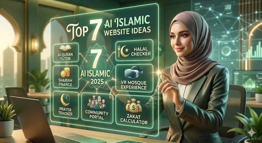 Top 7 AI Islamic Website Ideas 2025 Professional Human Design Illustration with Futuristic Digital Interface