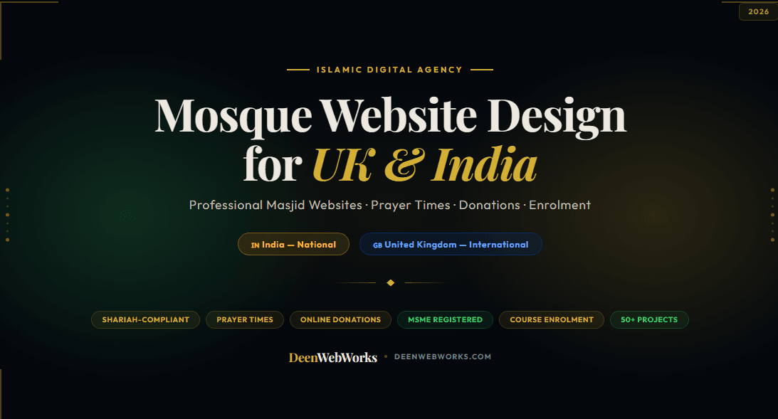 Mosque website design for UK and India by DeenWebWorks — professional masjid websites with prayer times, donations and enrolment