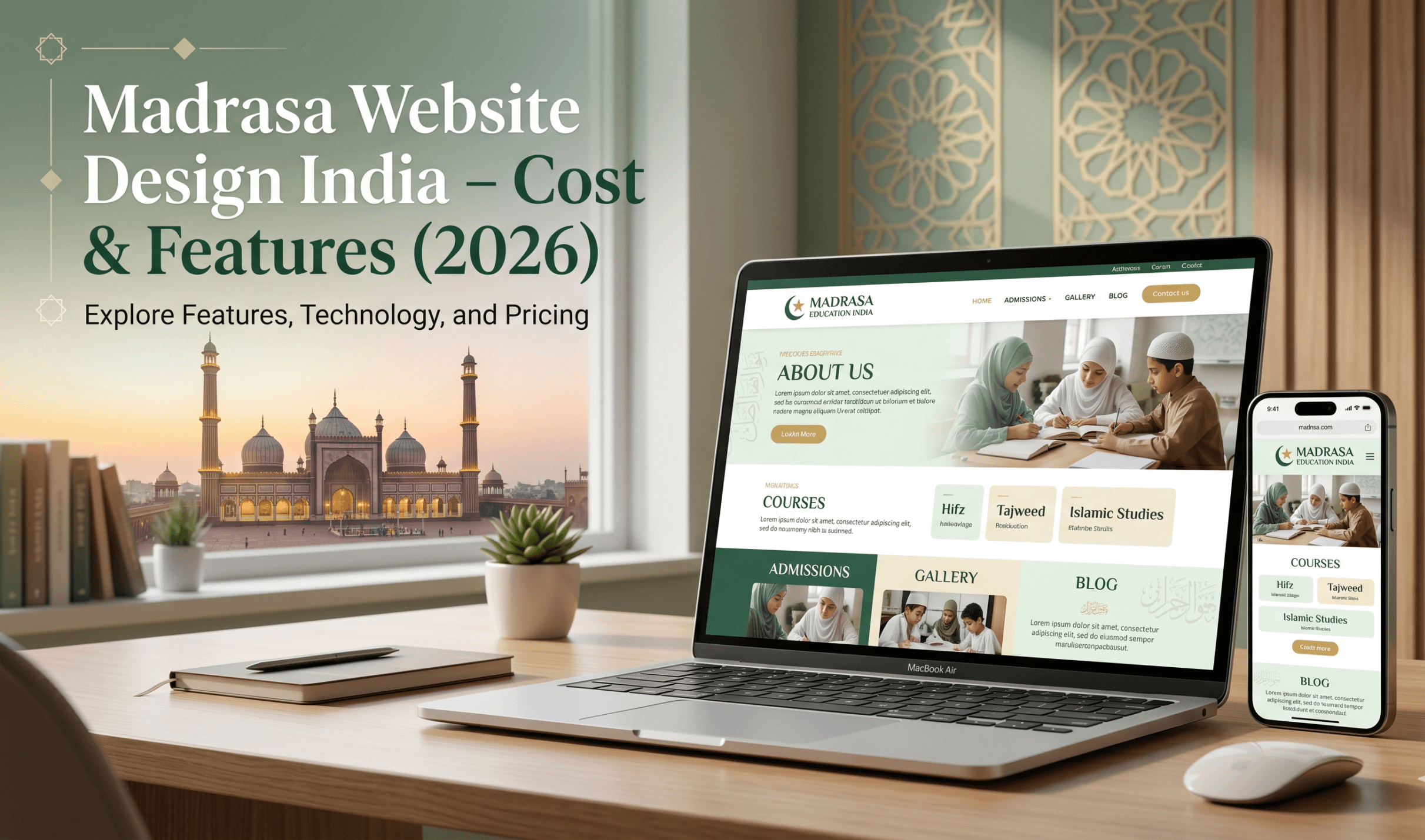 Modern madrasa website design on laptop and smartphone with Islamic architecture and green theme for India 2026.