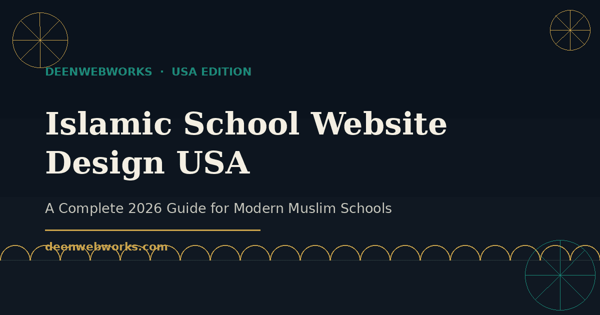 Islamic school website design USA guide cover image with navy and gold Islamic theme