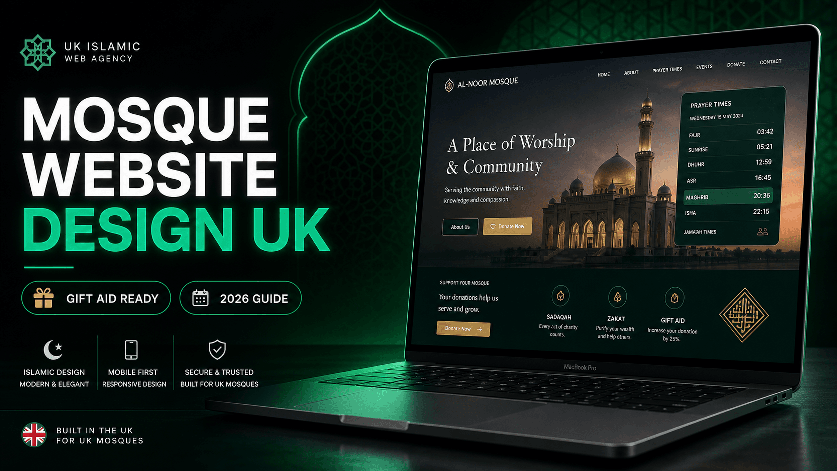 Modern mosque website design mockup on a laptop by UK Islamic Web Agency featuring prayer times and Gift Aid donation system.